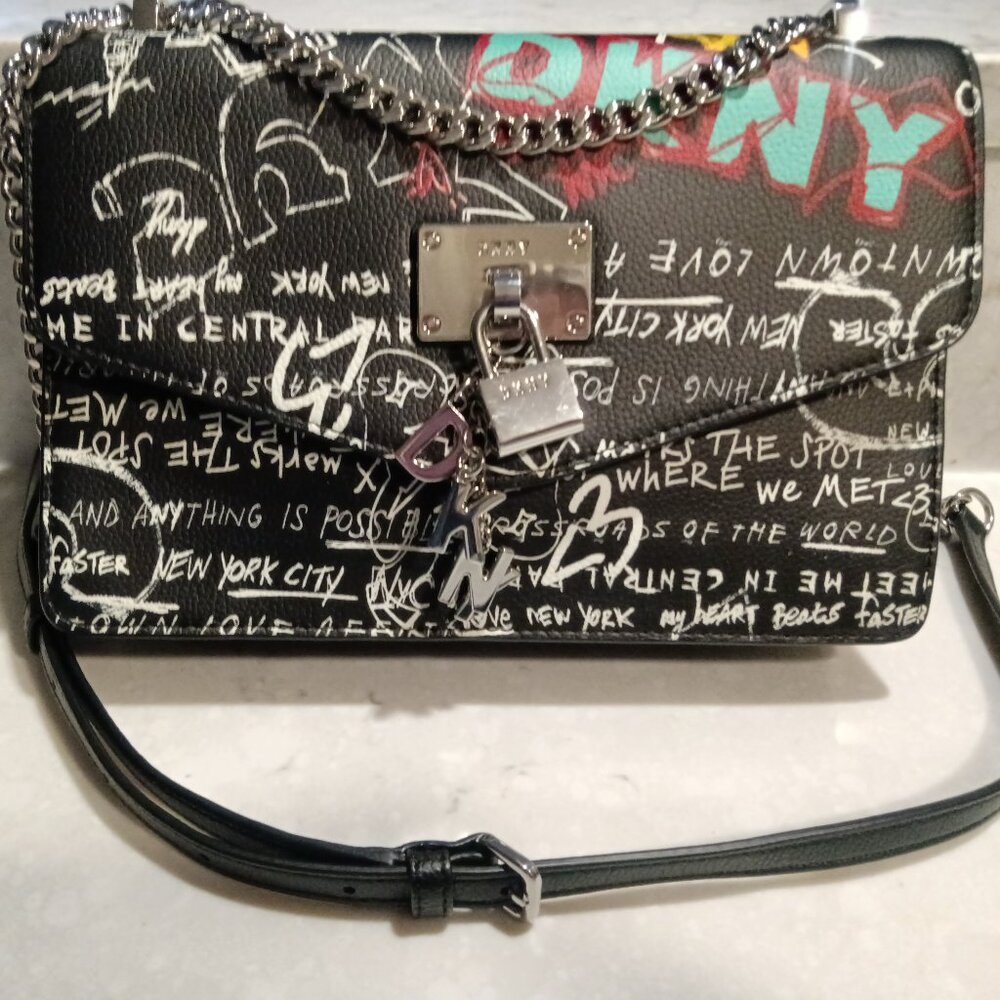 DKNY Cleo multicolored graffiti print crossbody charm bag